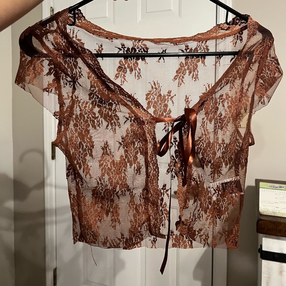 Lace Mesh Brown embroidered tie top - Picture 2 of 5